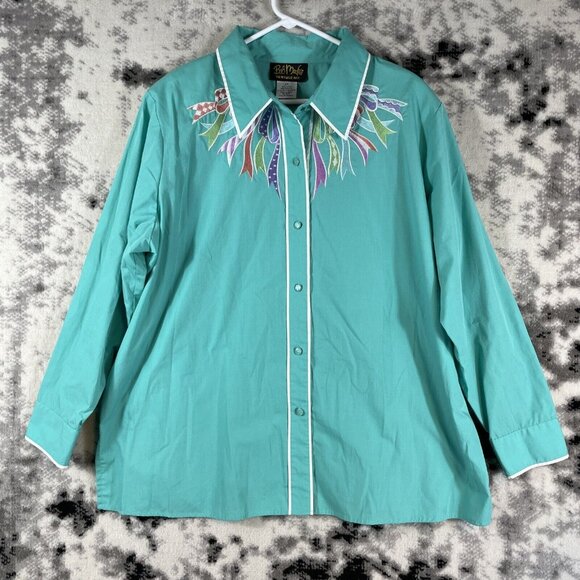 Bob Mackie Top Womens Size 2X Button Up‎ Collared Embroidered Light Blue Green - Picture 1 of 8